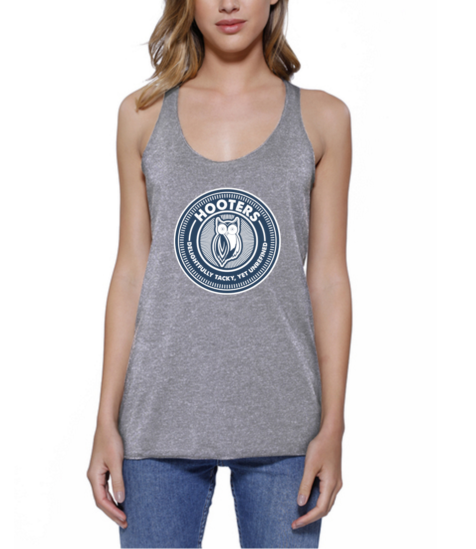 HOOTERS CREST STAR APPAREL RACERBACK HEATHER GREY NAVY WHITE INK