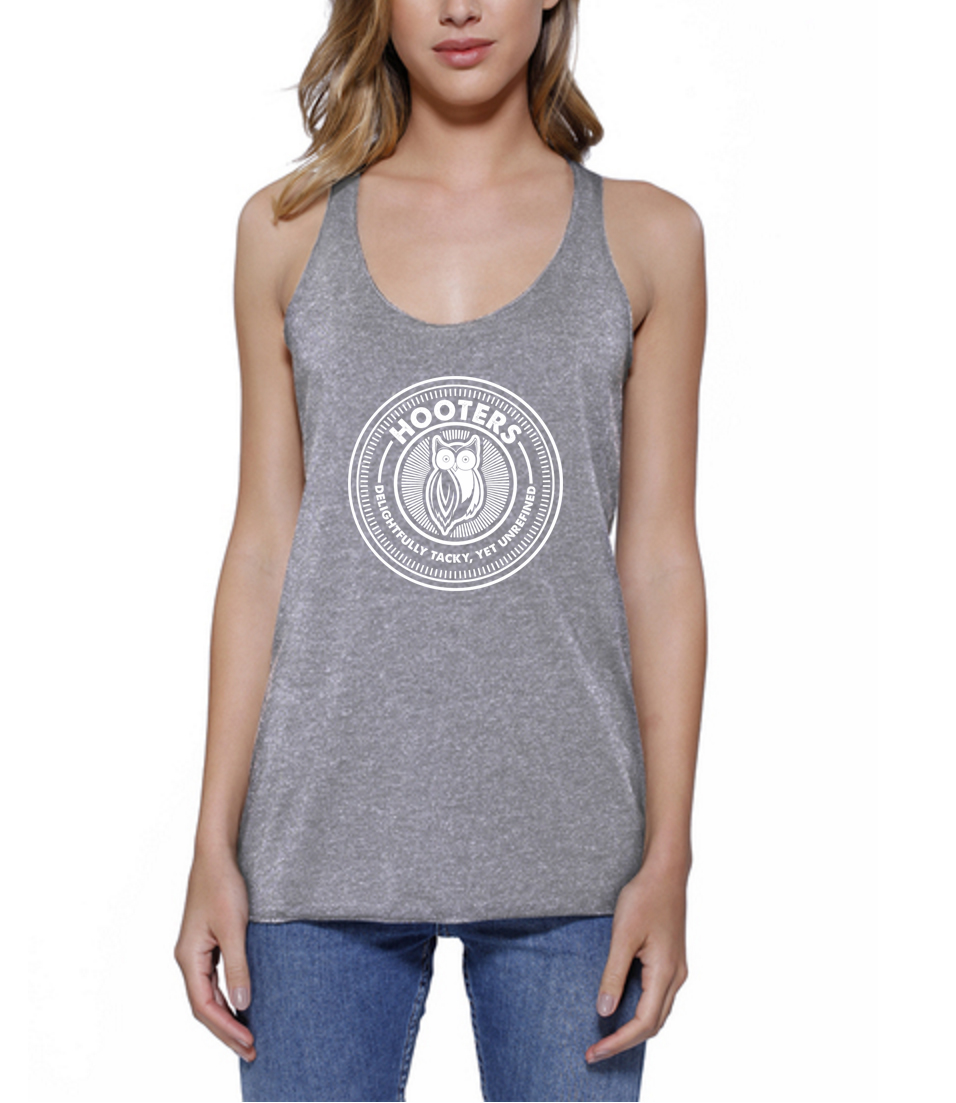 HOOTERS CREST STAR APPAREL RACERBACK HEATHER GREY WHITE INK