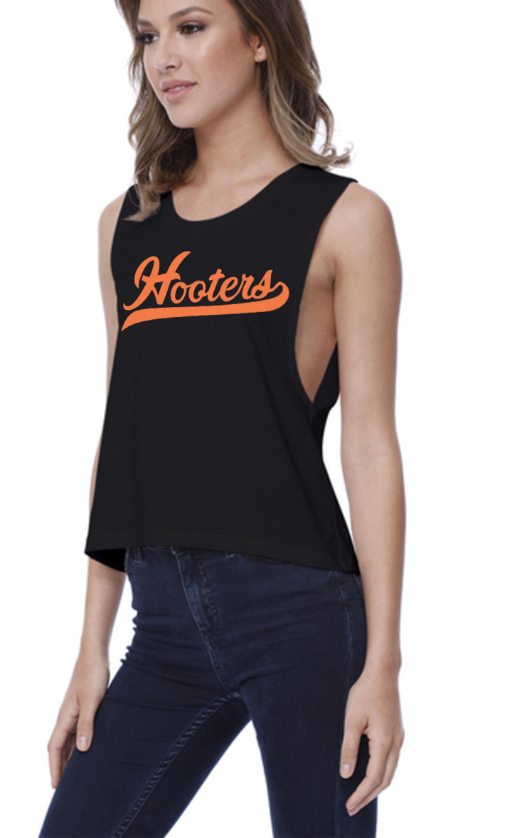 HOOTERS STAR APPAREL MUSCLE TANK GIRLS BLACK ORANGE INK